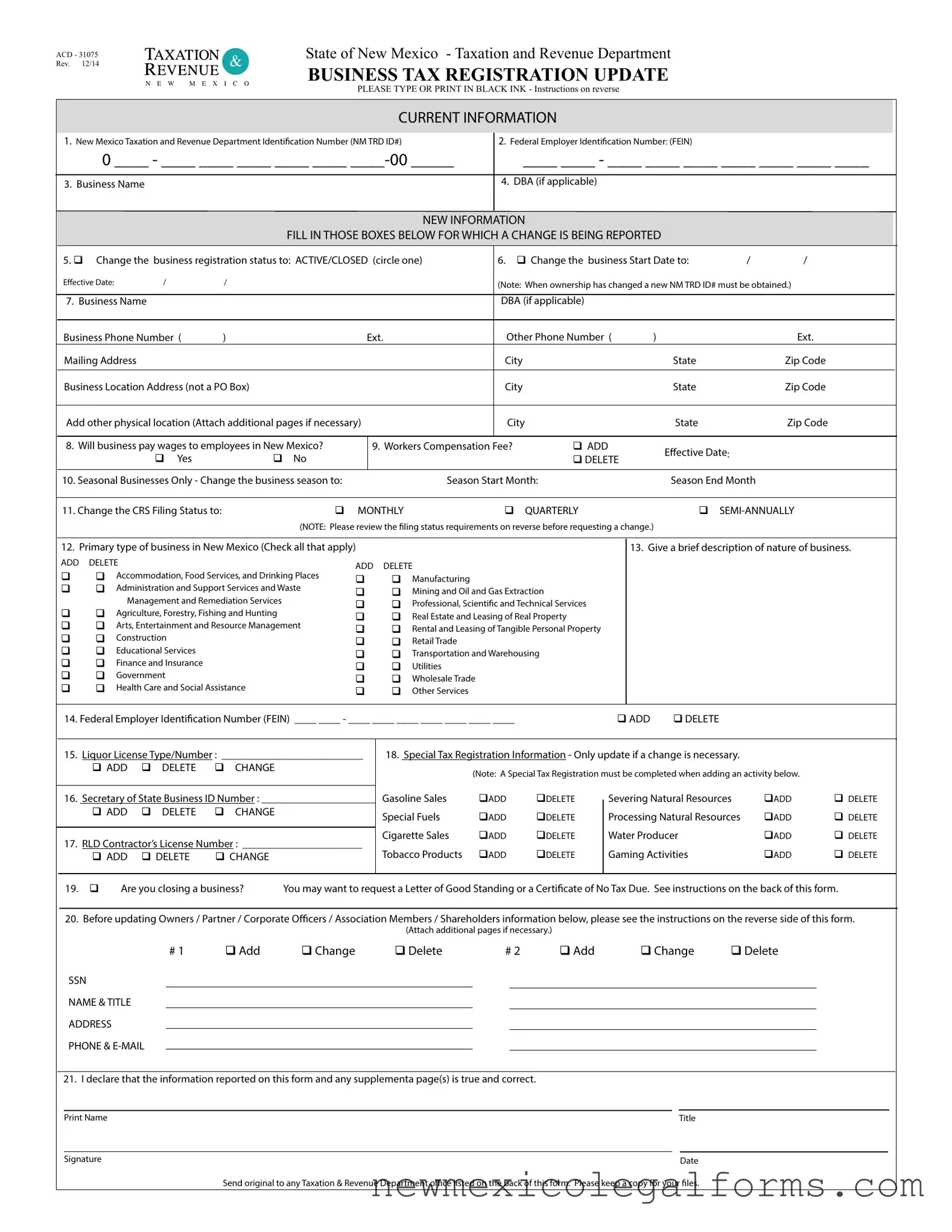 Fill a Valid Acd 31075 Tax Registration Update Form