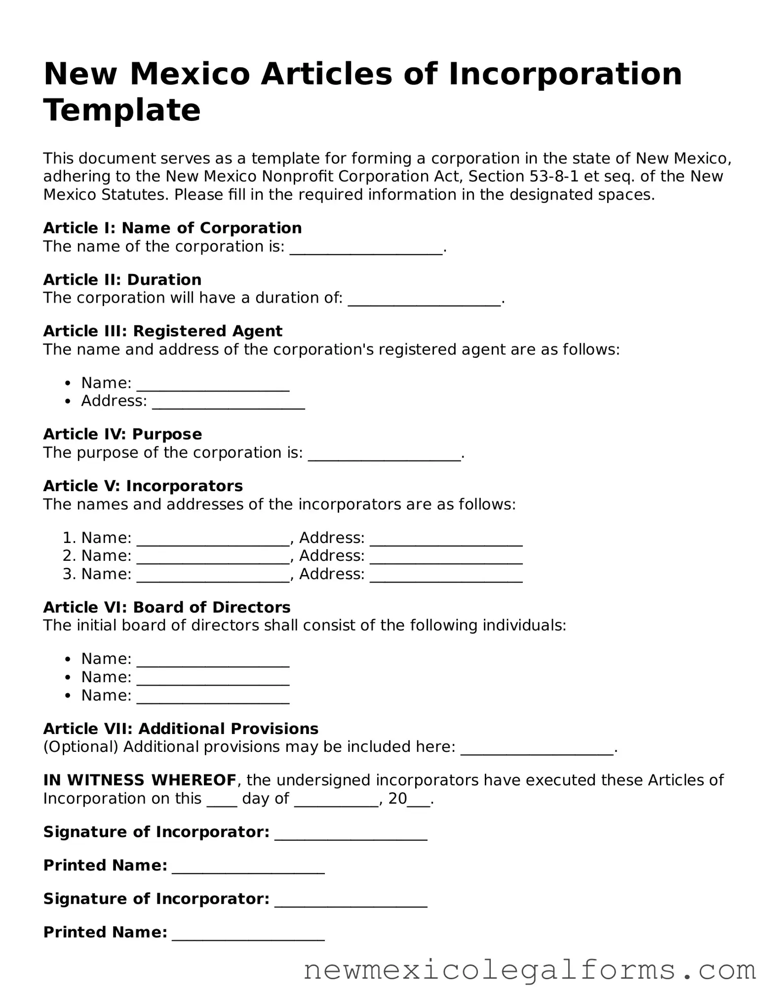 Free Articles of Incorporation Form for the State of New Mexico
