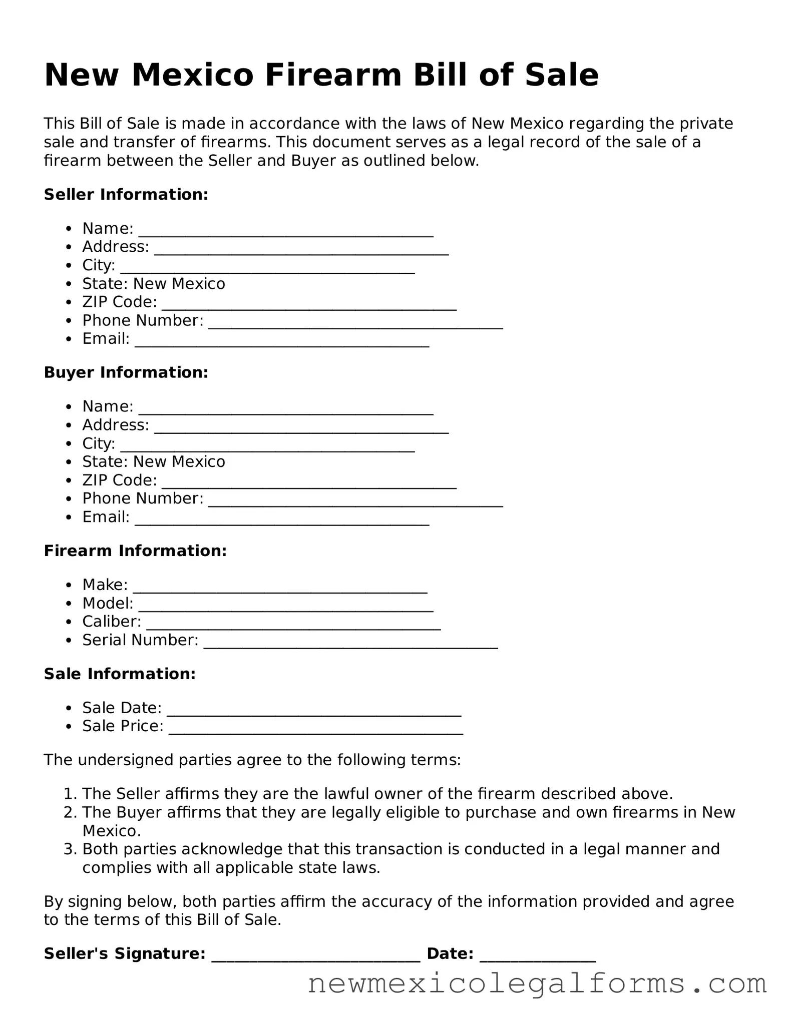 Free Firearm Bill of Sale Form for the State of New Mexico