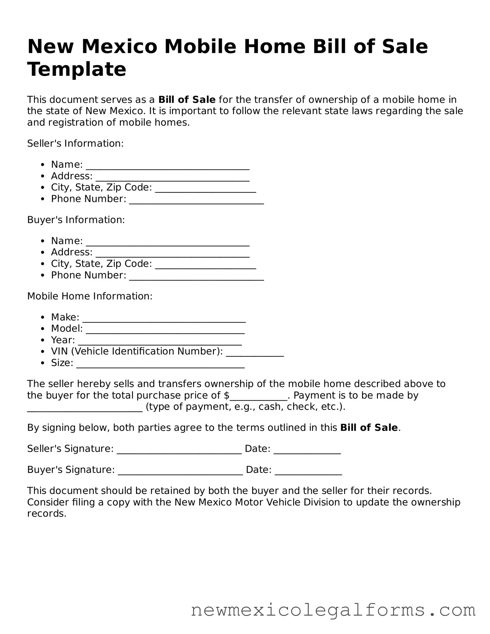 Free Mobile Home Bill of Sale Form for the State of New Mexico