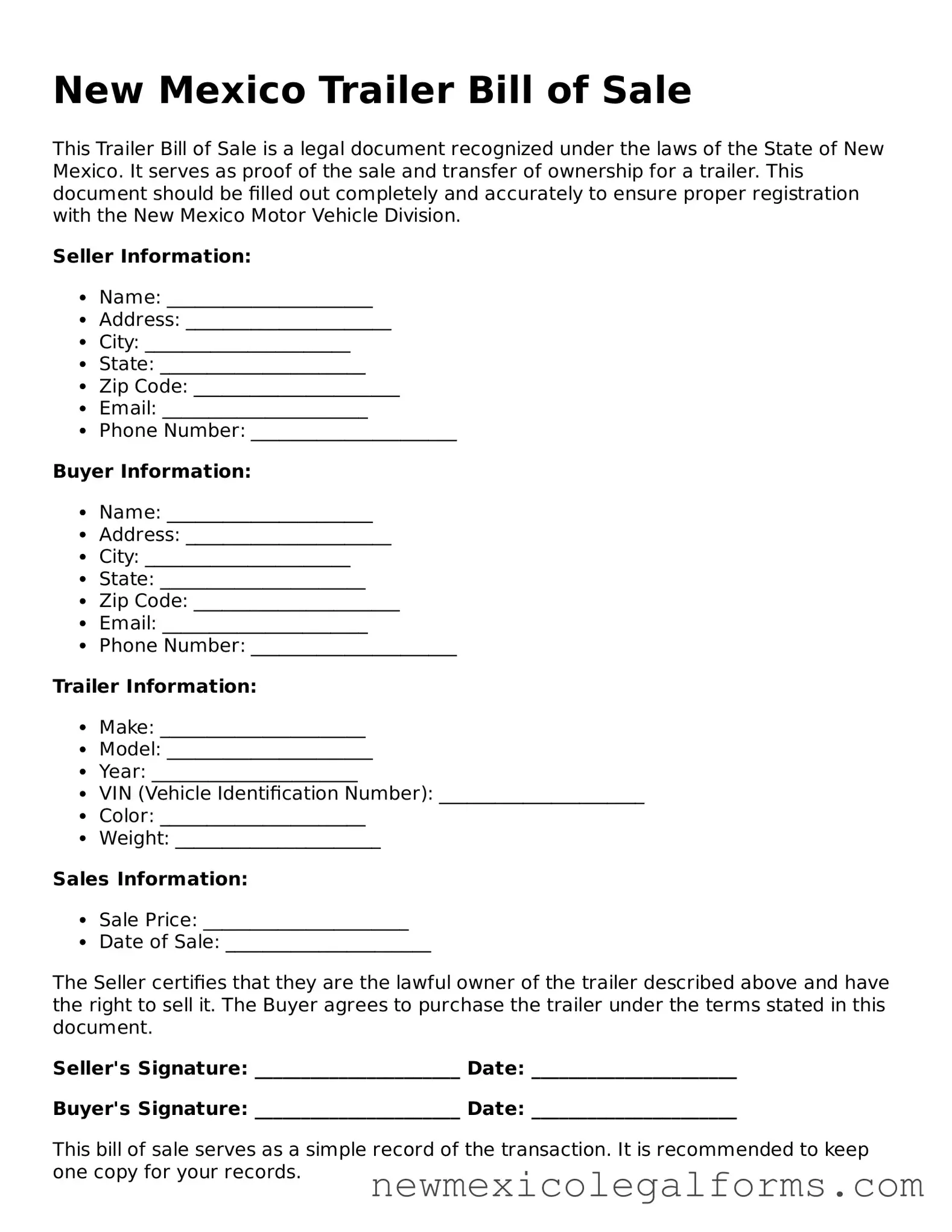 Free Trailer Bill of Sale Form for the State of New Mexico