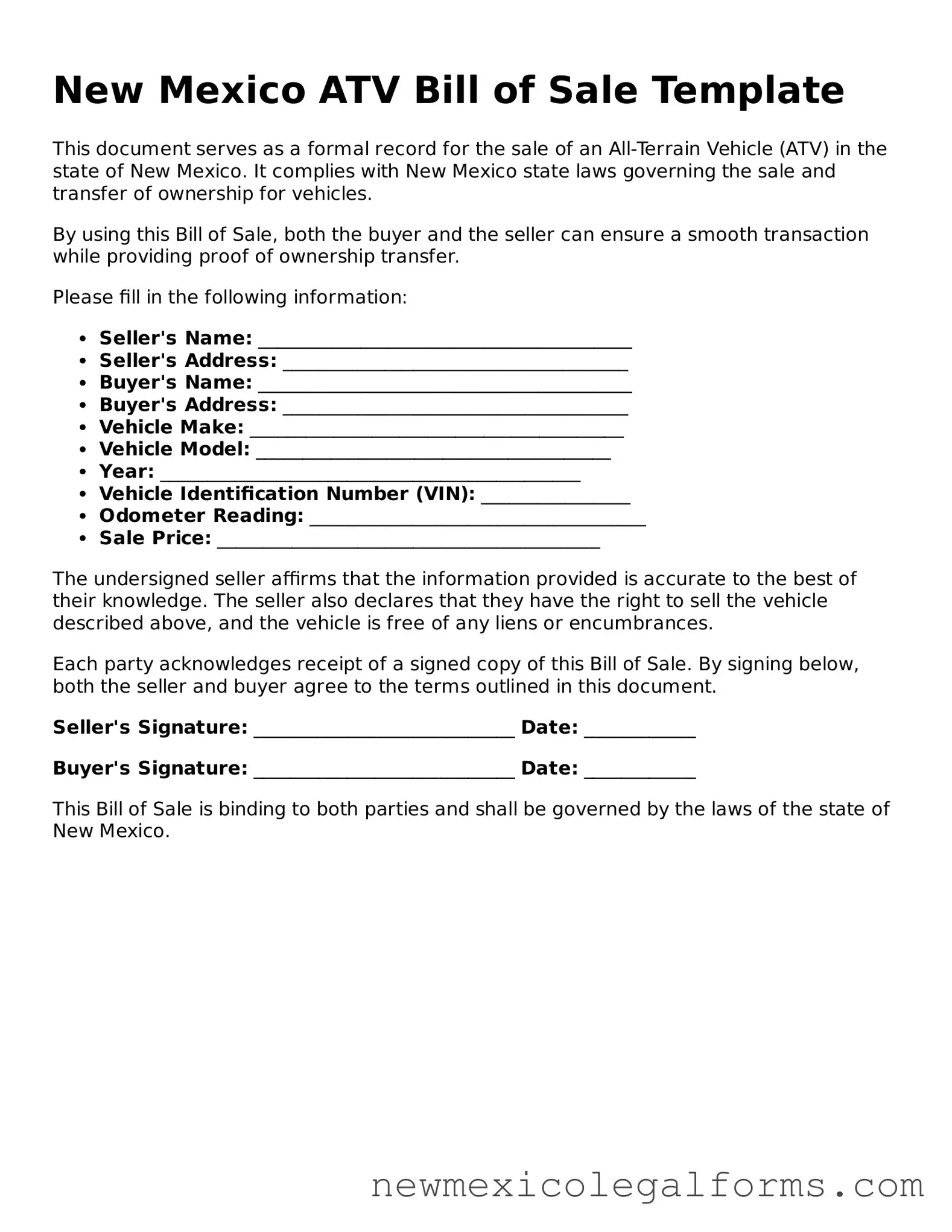 Free ATV Bill of Sale Form for the State of New Mexico