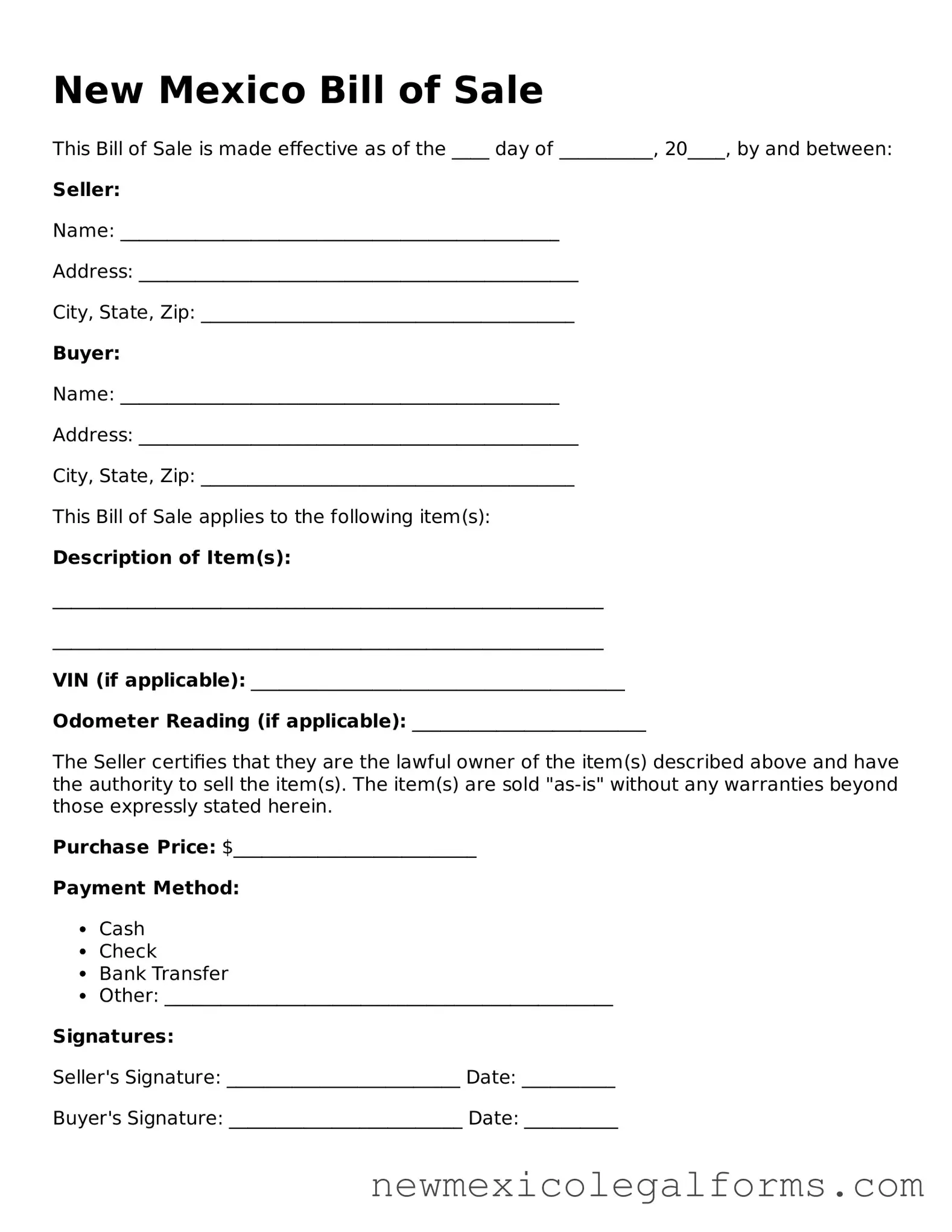 Free Bill of Sale Form for the State of New Mexico