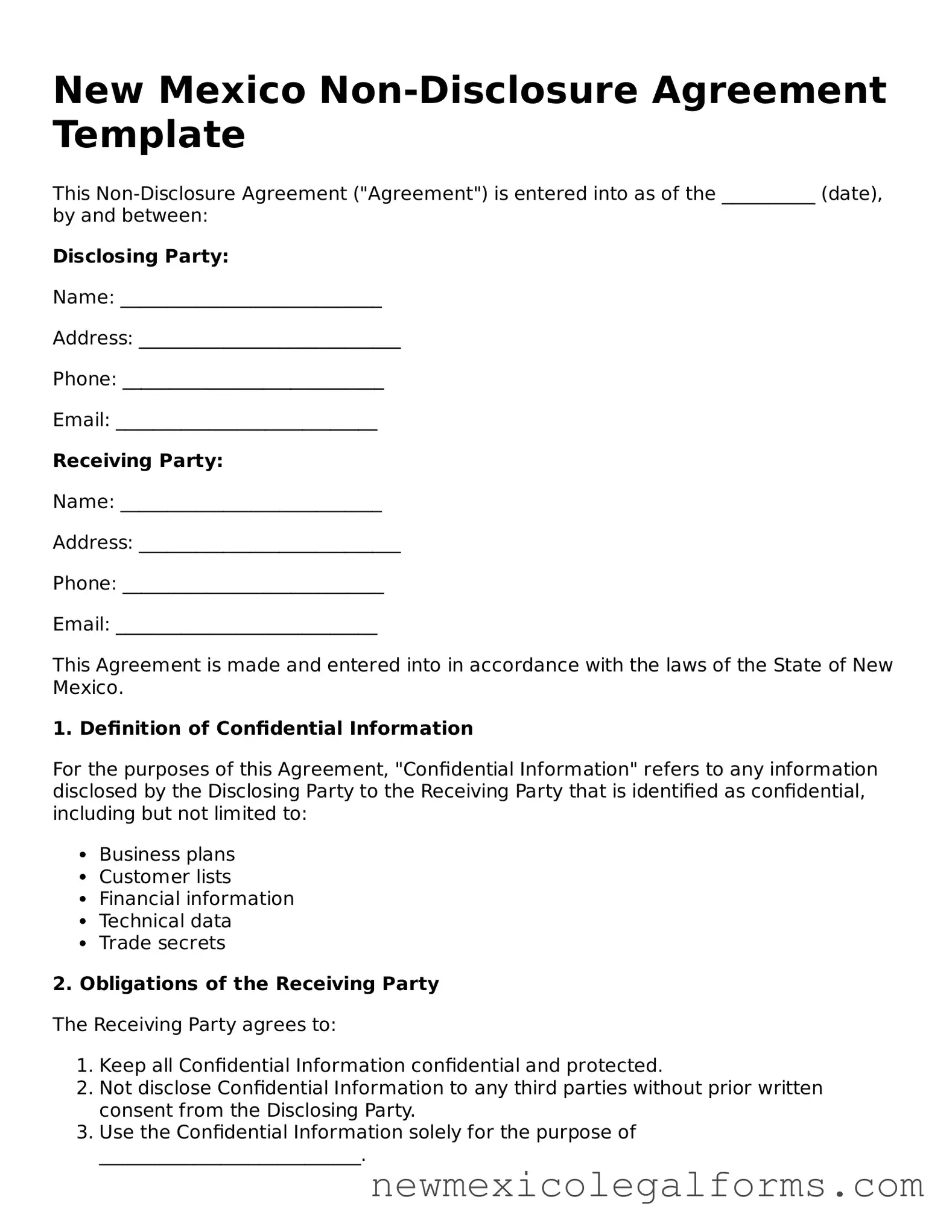 Free Non-disclosure Agreement Form for the State of New Mexico