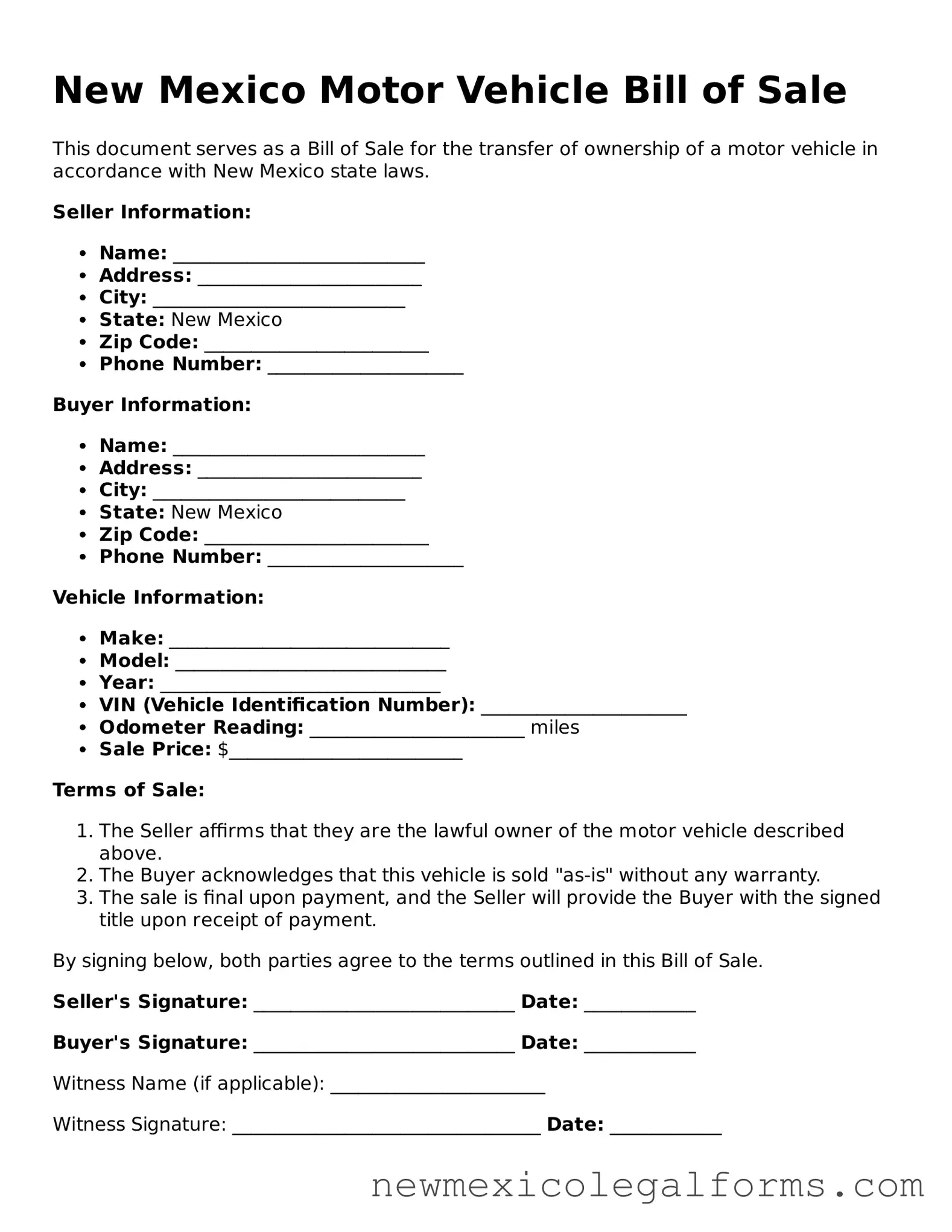 Free Motor Vehicle Bill of Sale Form for the State of New Mexico