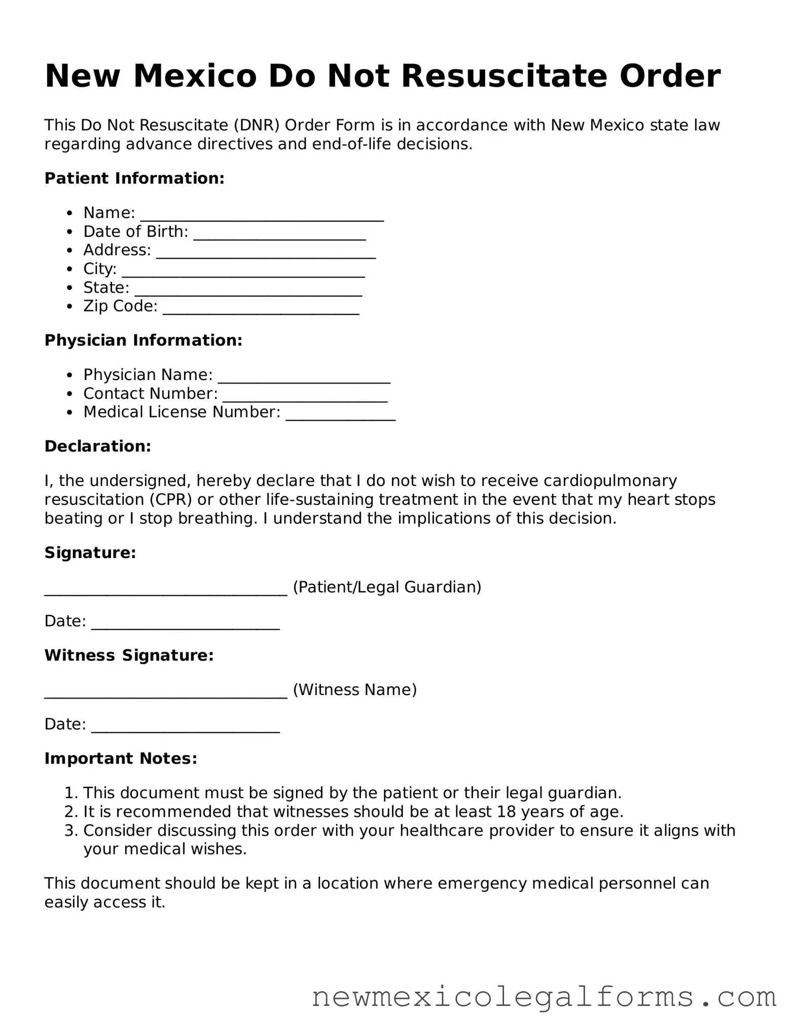 Free Do Not Resuscitate Order Form for the State of New Mexico