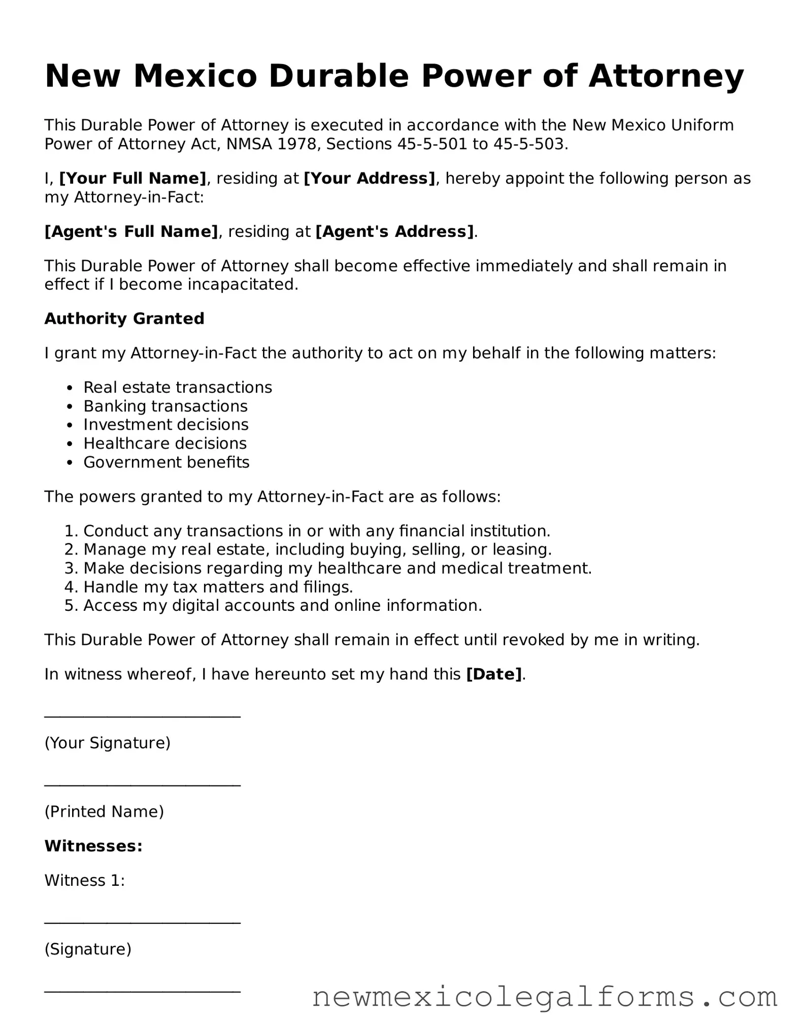 Free Durable Power of Attorney Form for the State of New Mexico