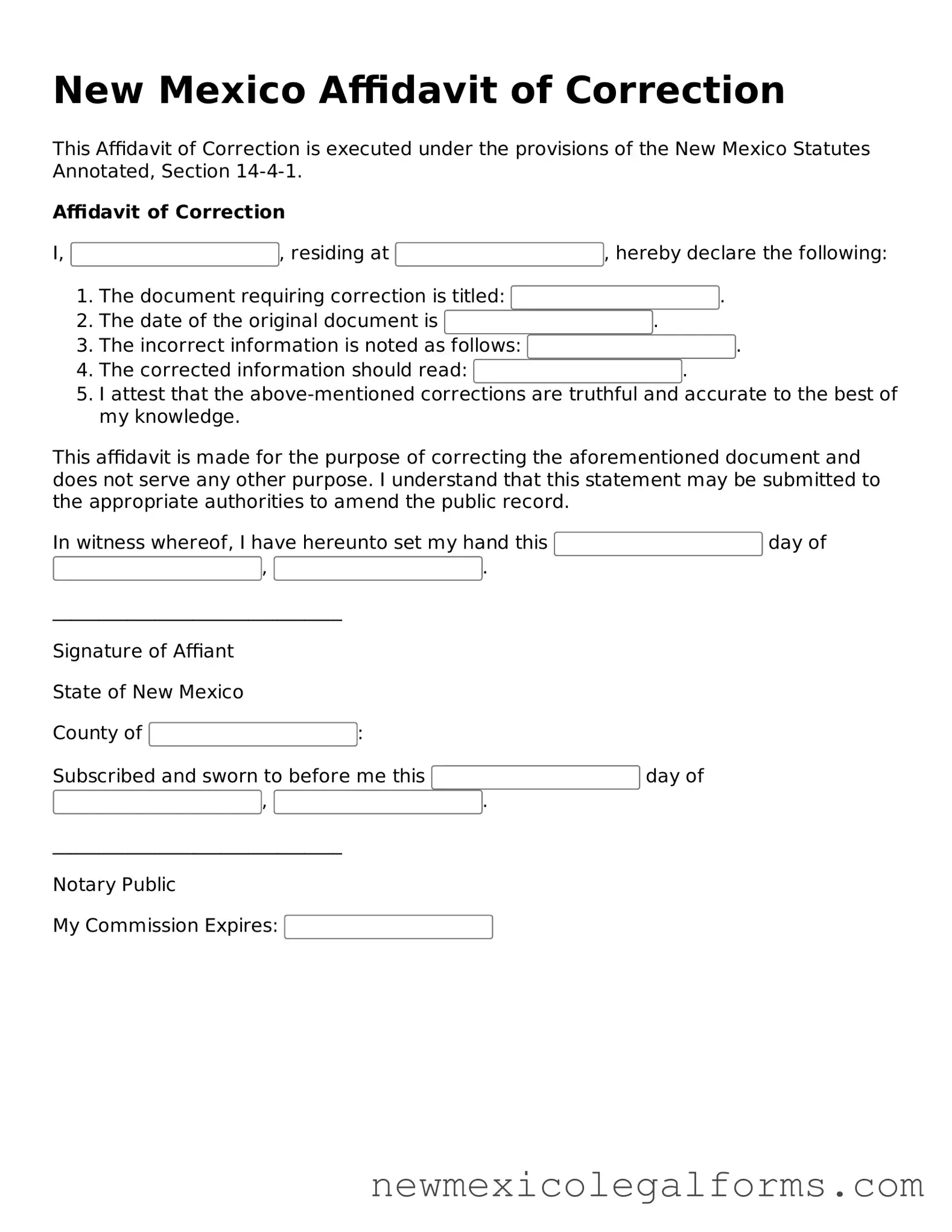 Free Affidavit of Correction Form for the State of New Mexico