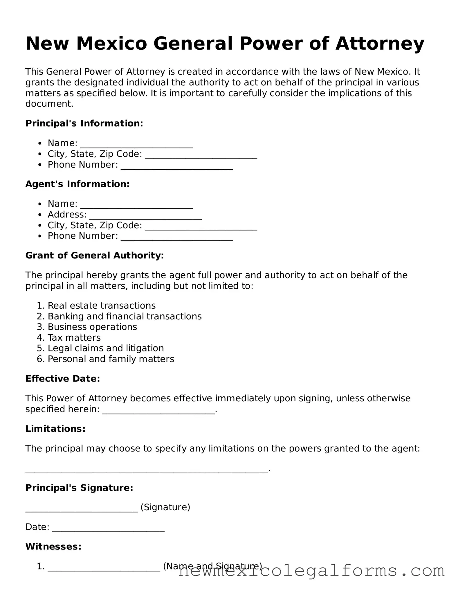 Free General Power of Attorney Form for the State of New Mexico
