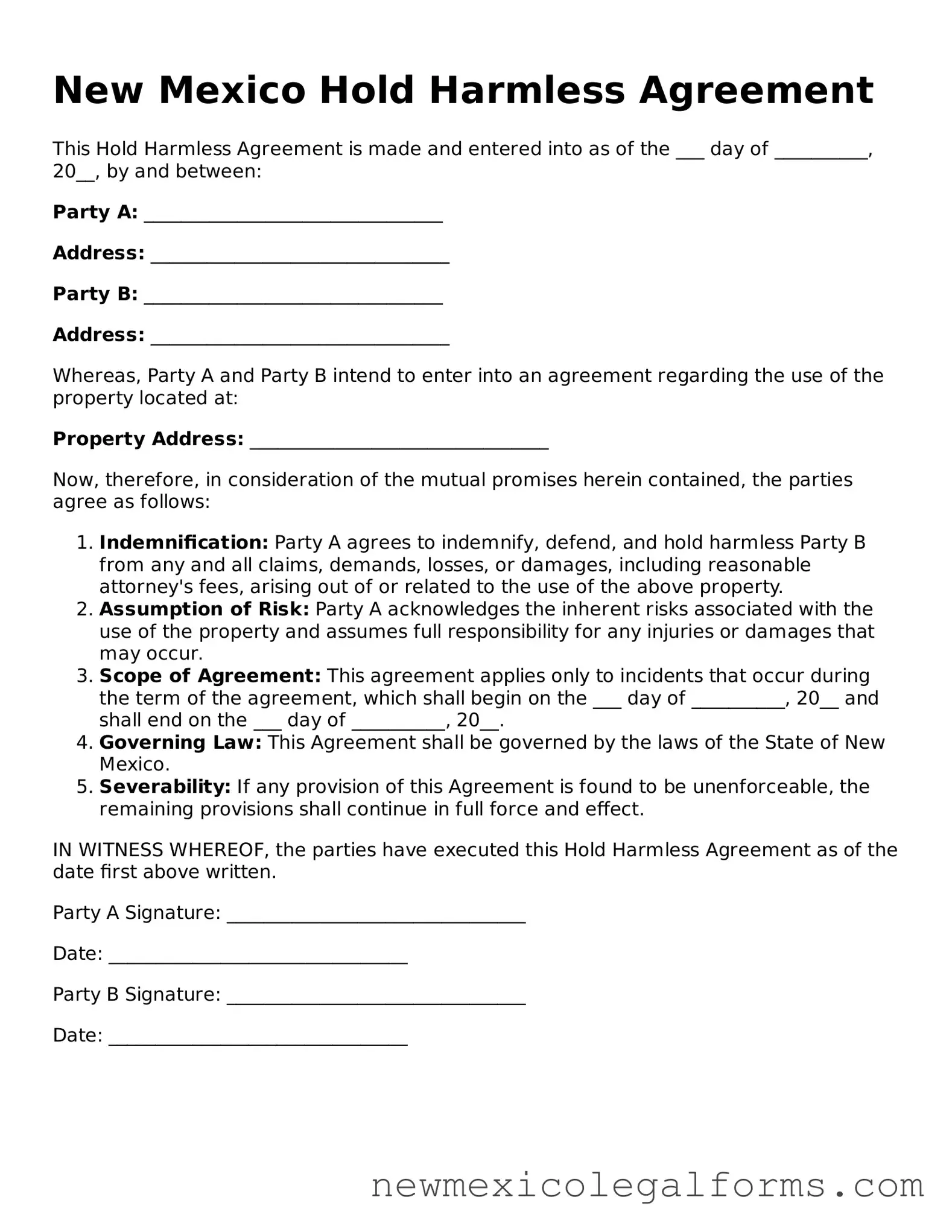 Free Hold Harmless Agreement Form for the State of New Mexico