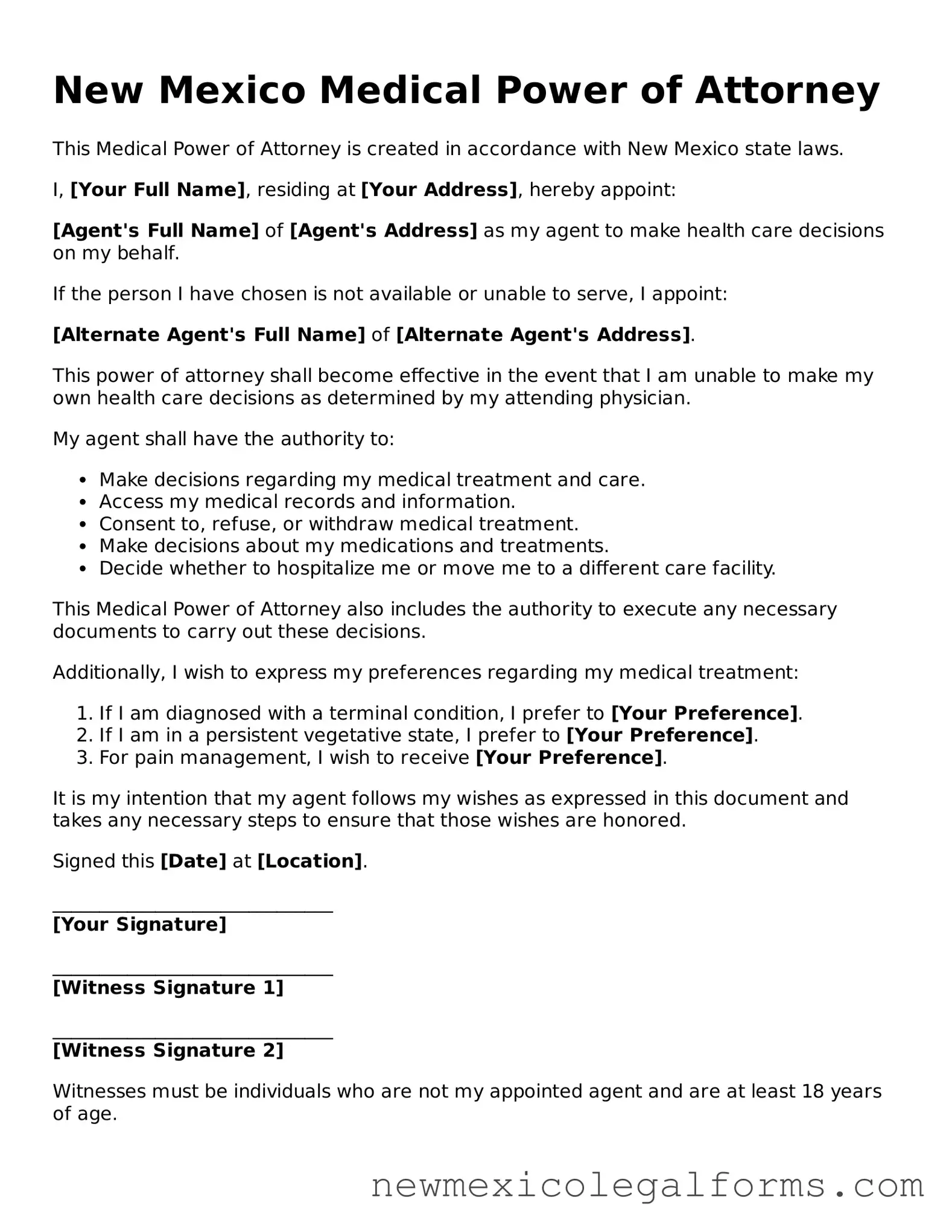 Free Medical Power of Attorney Form for the State of New Mexico