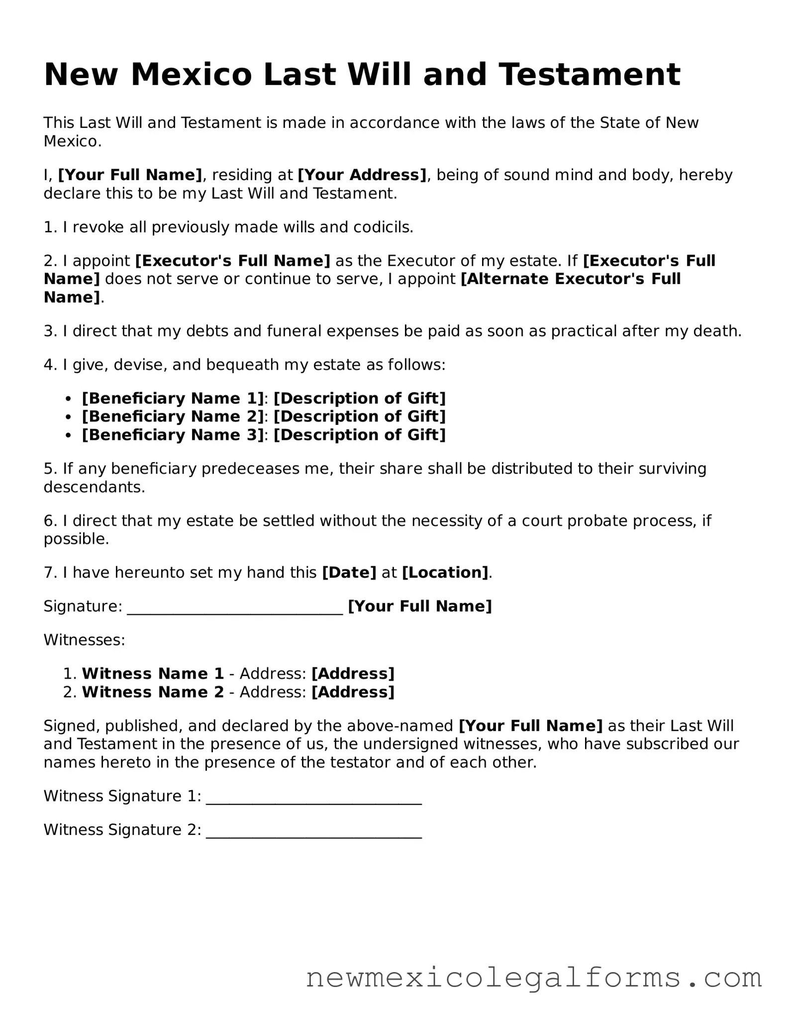 Free Last Will and Testament Form for the State of New Mexico