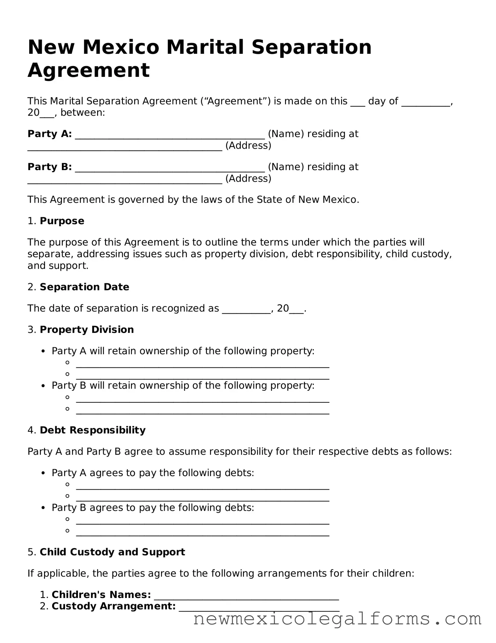Free Marital Separation Agreement Form for the State of New Mexico