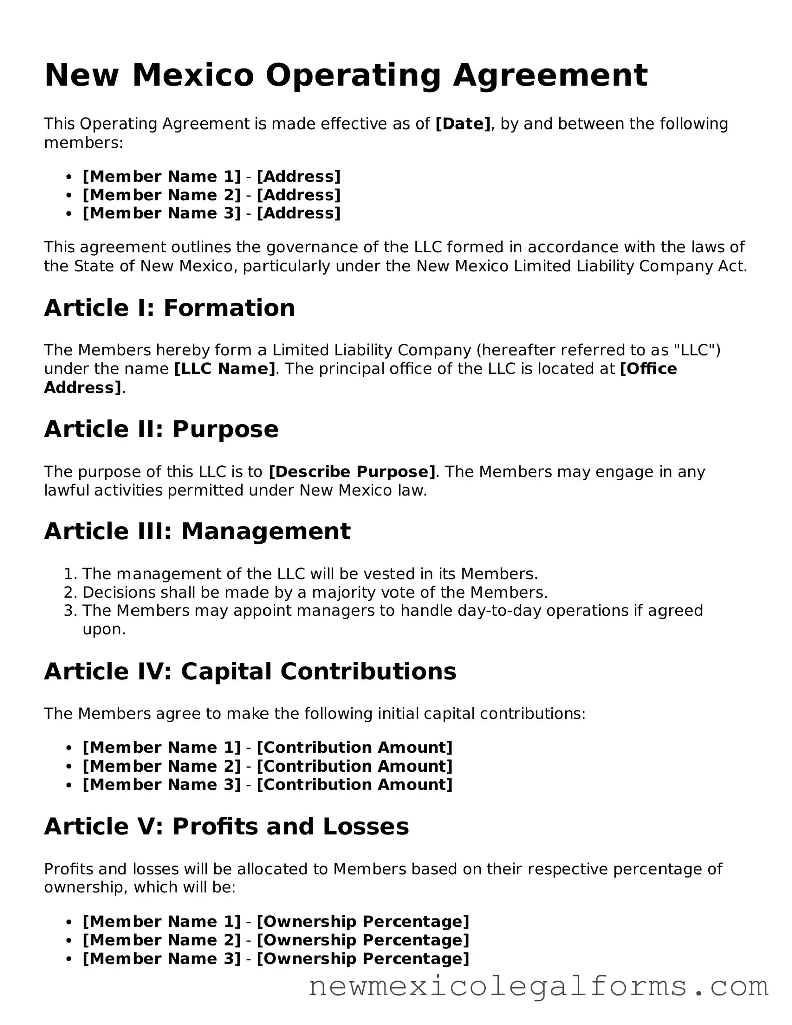 Free Operating Agreement Form for the State of New Mexico