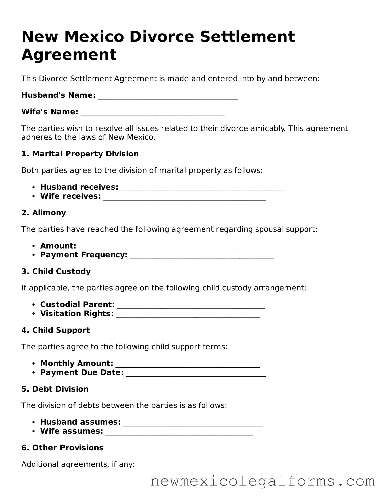 Free Divorce Settlement Agreement Form for the State of New Mexico