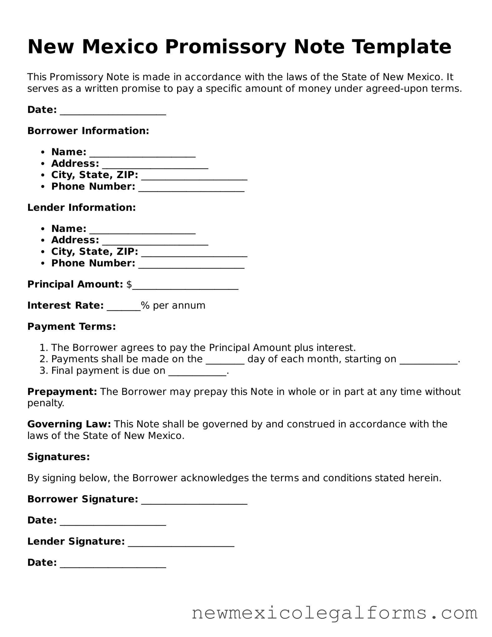 Free Promissory Note Form for the State of New Mexico