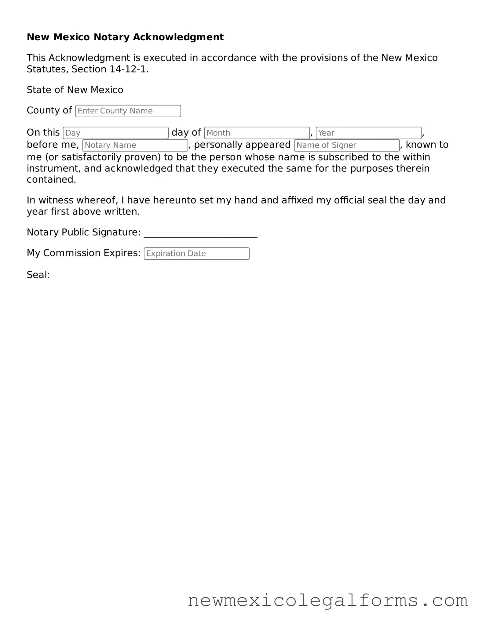 Free Notary Acknowledgement Form for the State of New Mexico