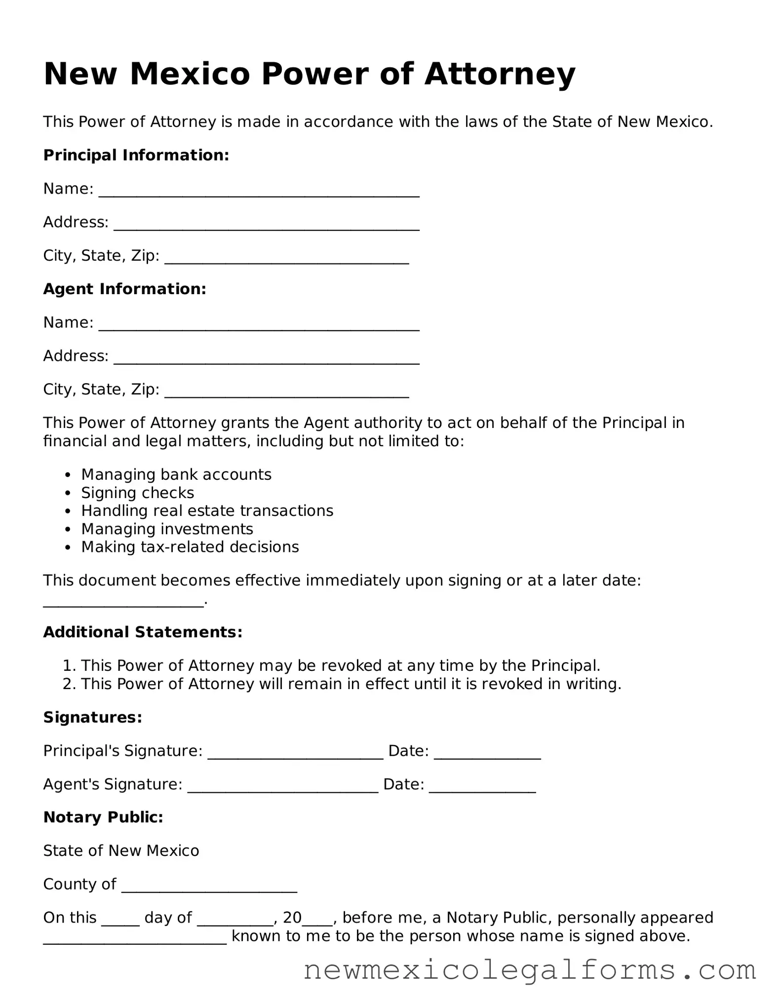 Free Power of Attorney Form for the State of New Mexico
