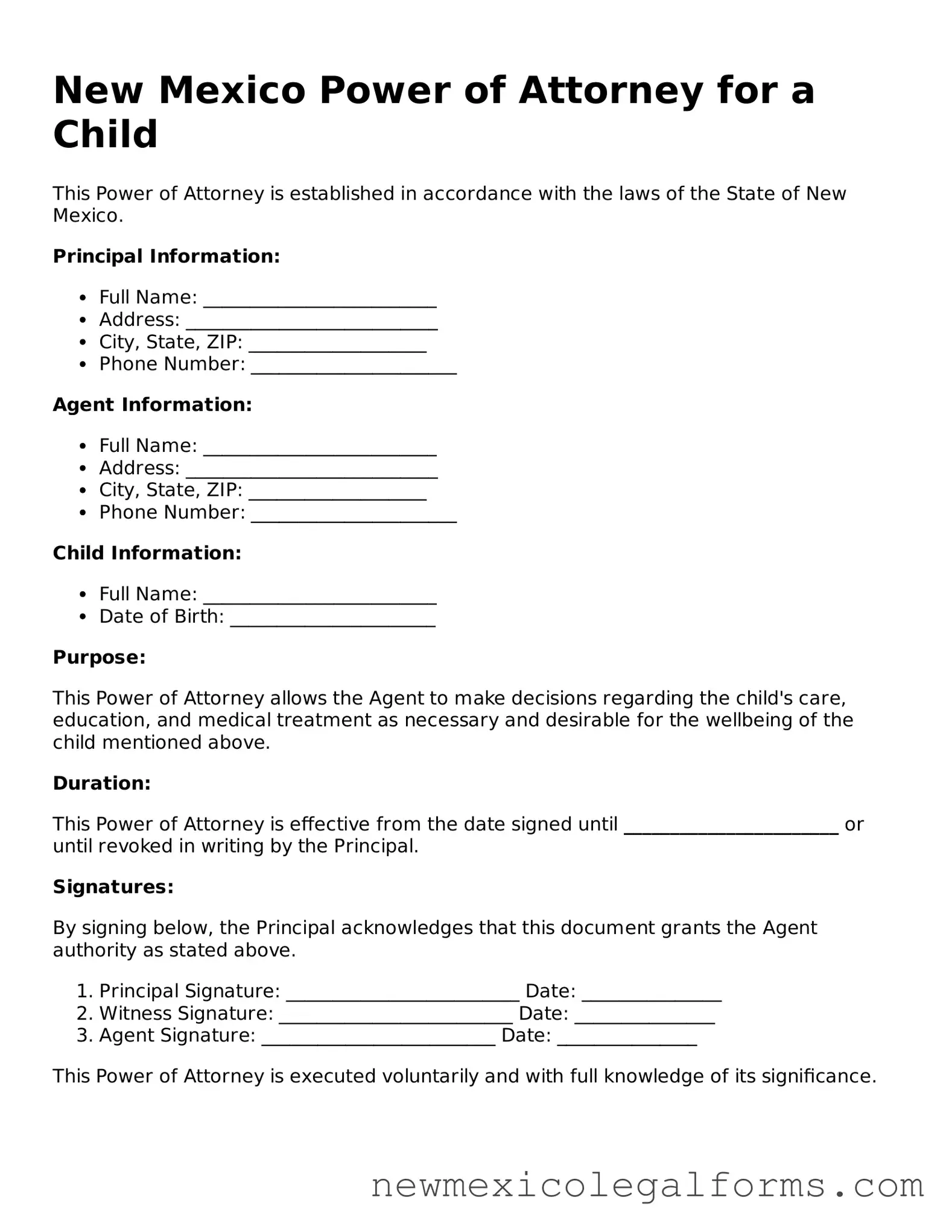 Free Power of Attorney for a Child Form for the State of New Mexico