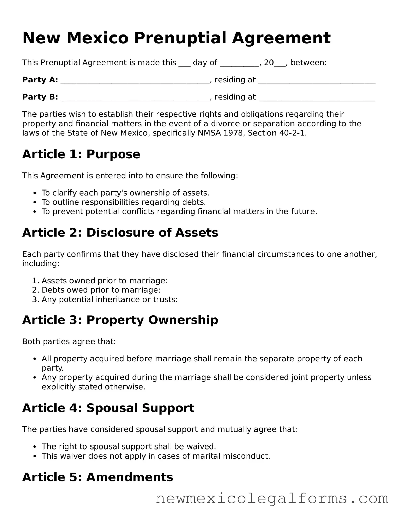 Free Prenuptial Agreement Form for the State of New Mexico