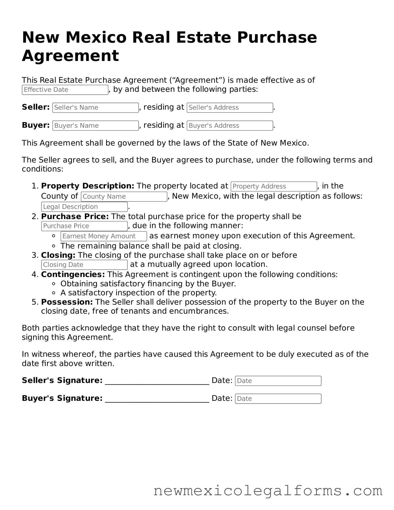 Free Real Estate Purchase Agreement Form for the State of New Mexico
