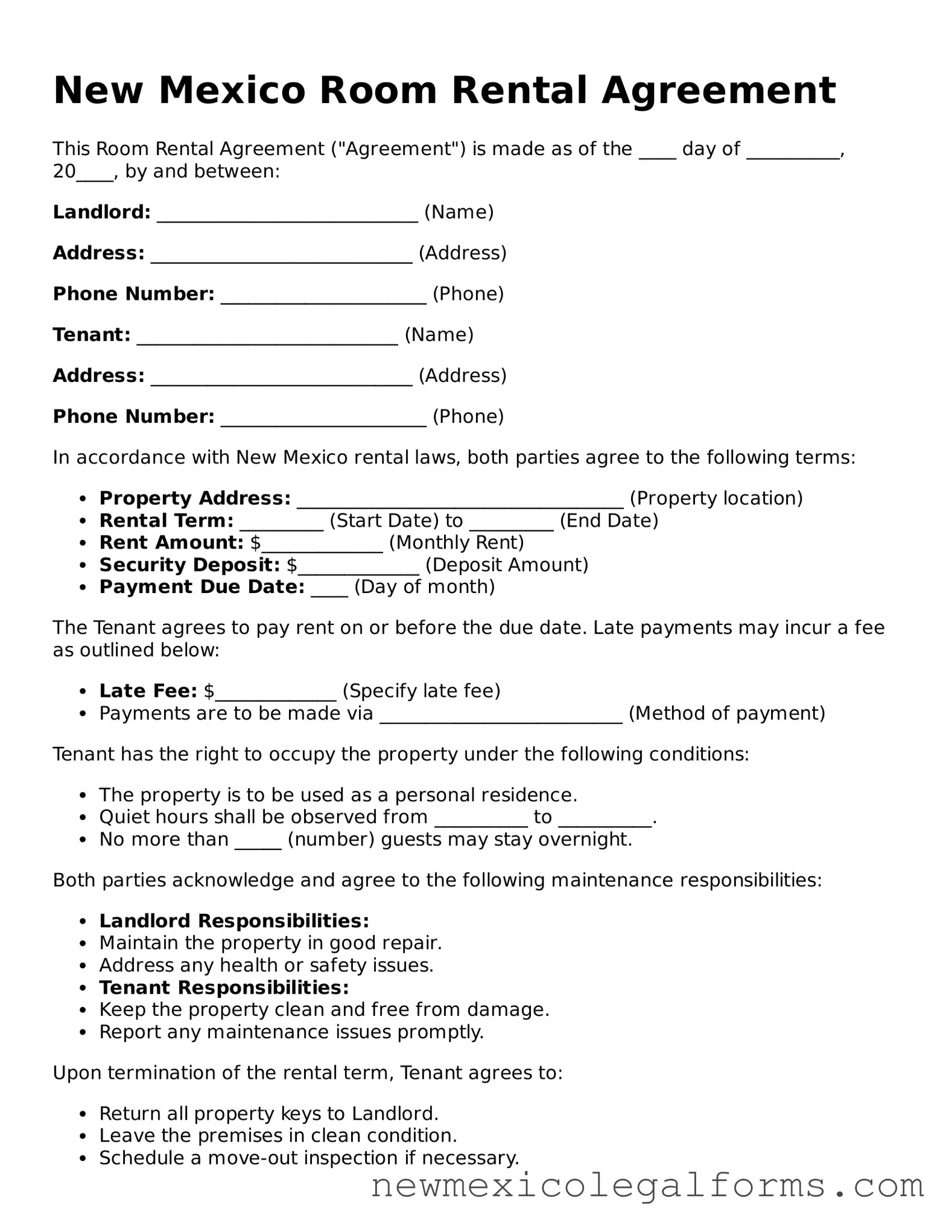 Free Room Rental Agreement Form for the State of New Mexico