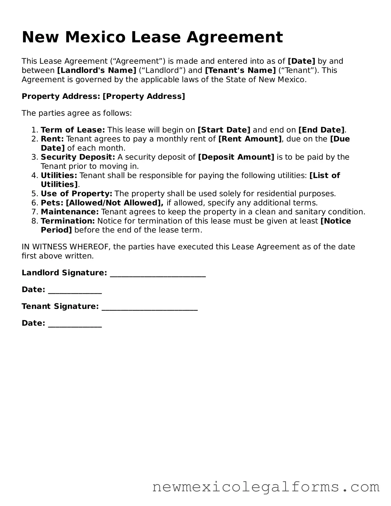 Free Lease Agreement Form for the State of New Mexico