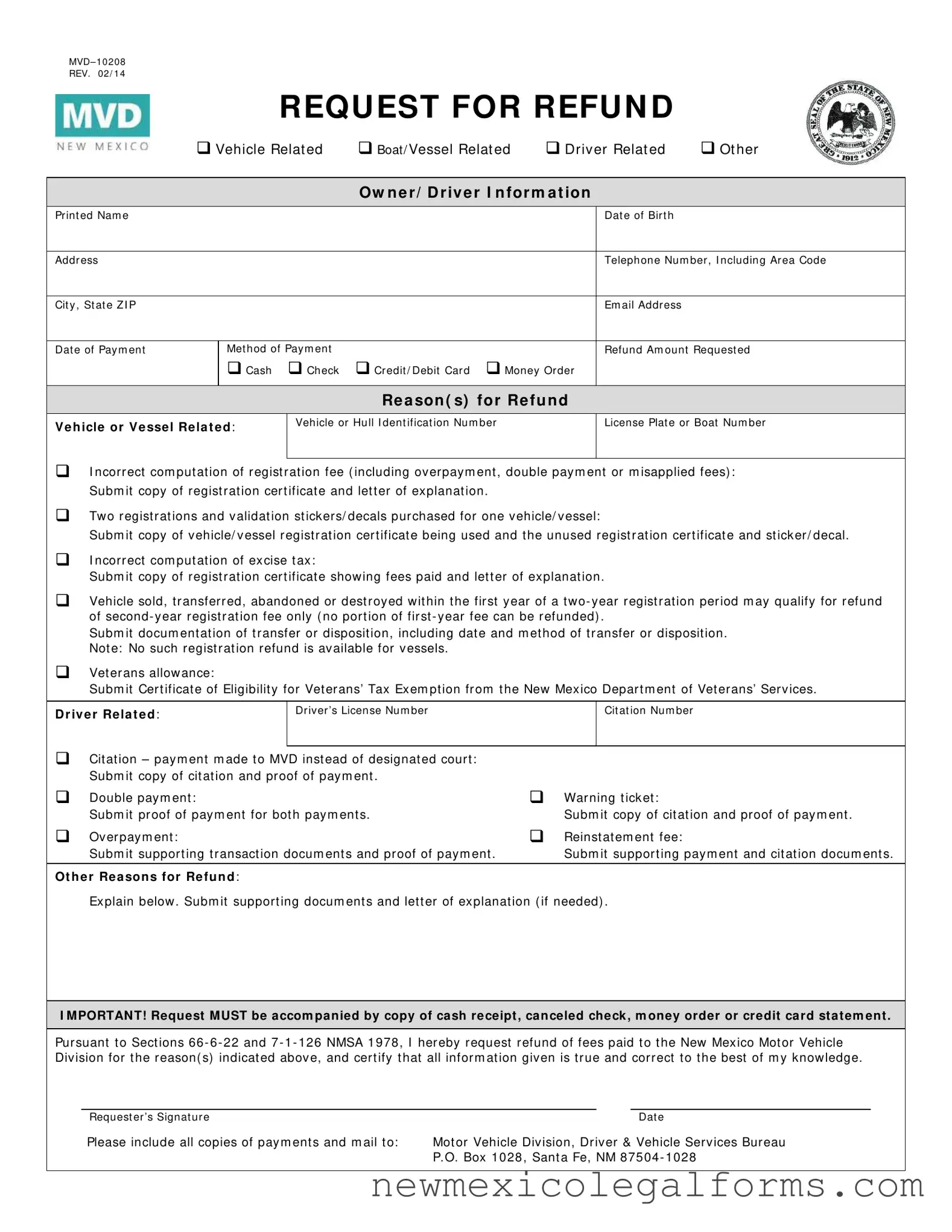 Fill a Valid New Mexico Request For Refund Form