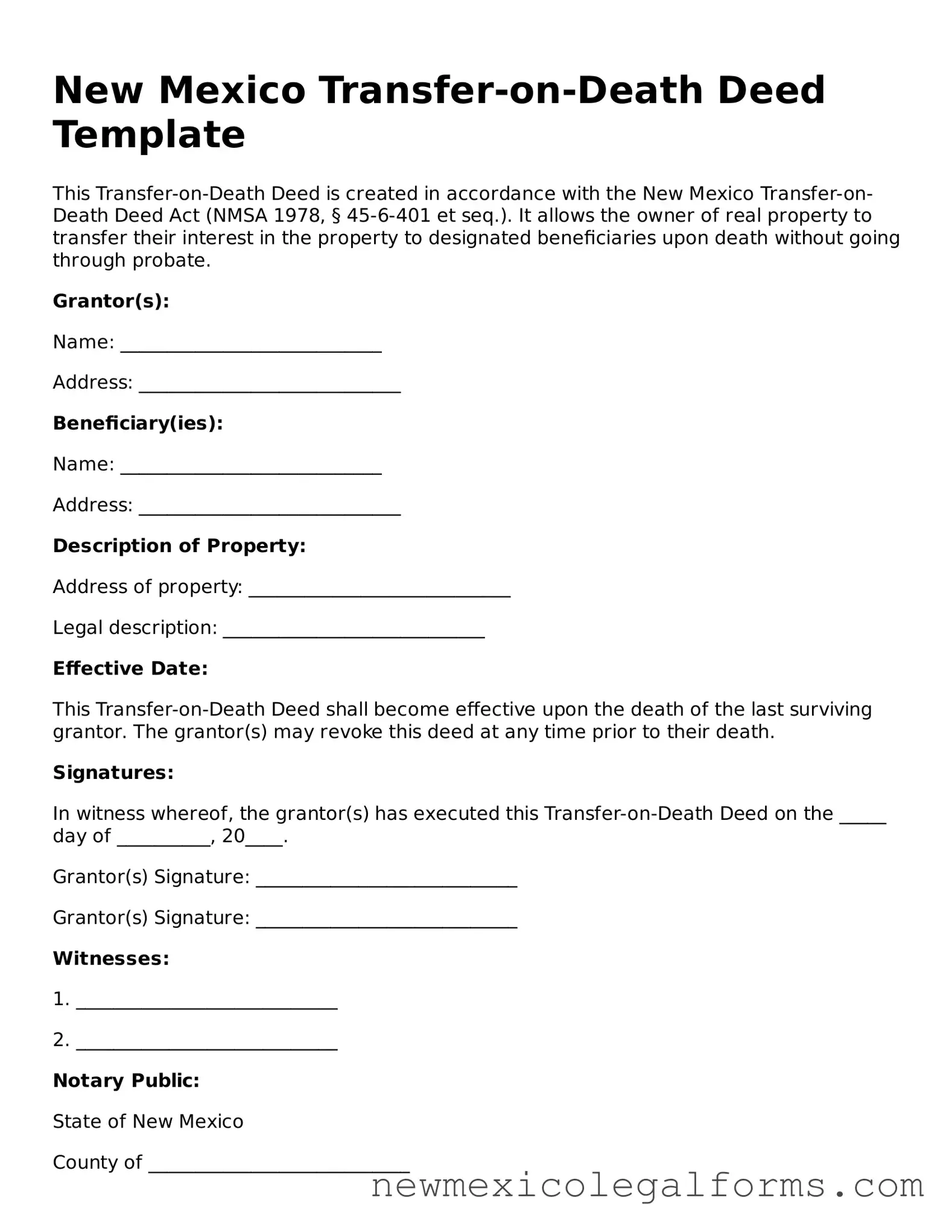 Free Transfer-on-Death Deed Form for the State of New Mexico