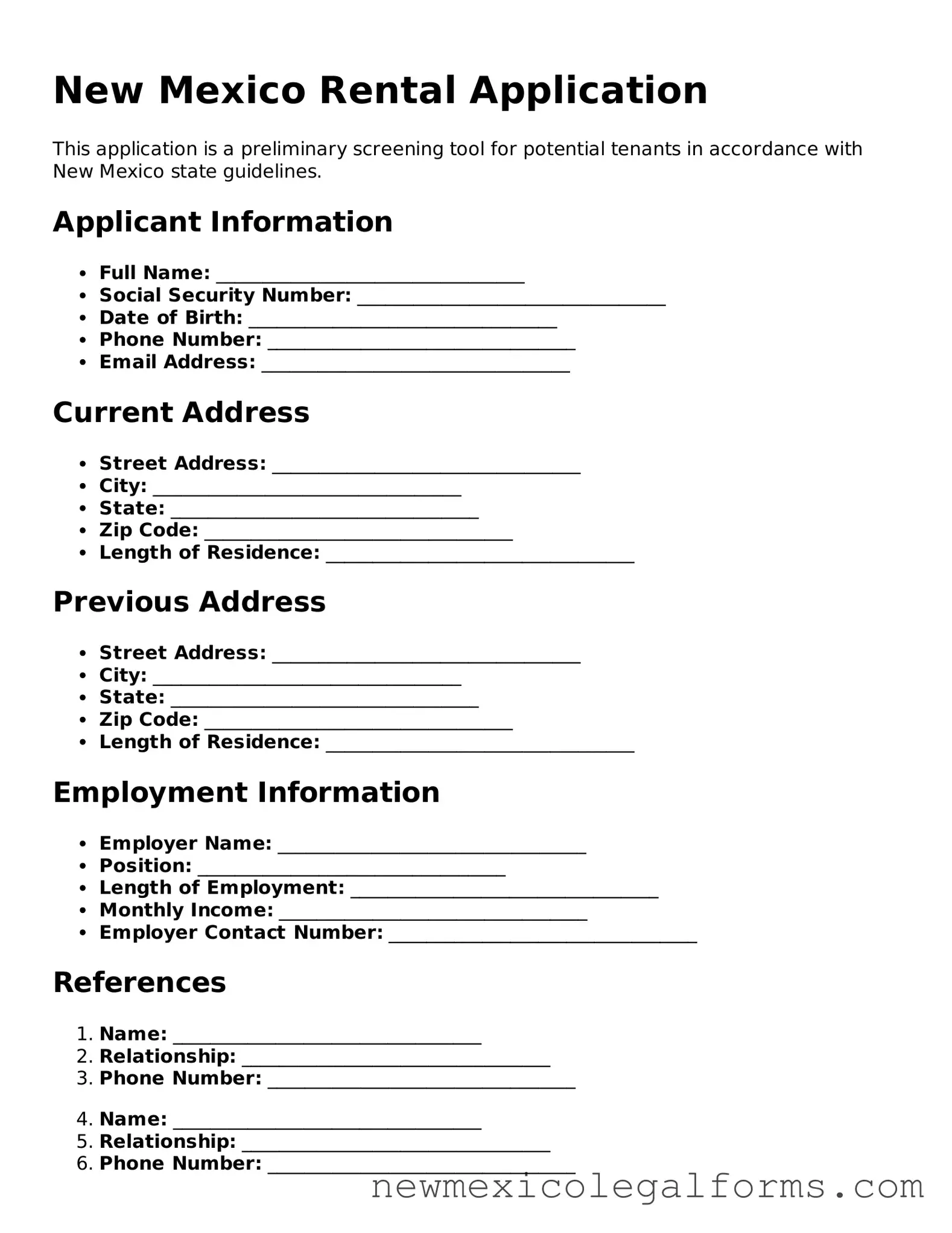 Free Rental Application Form for the State of New Mexico