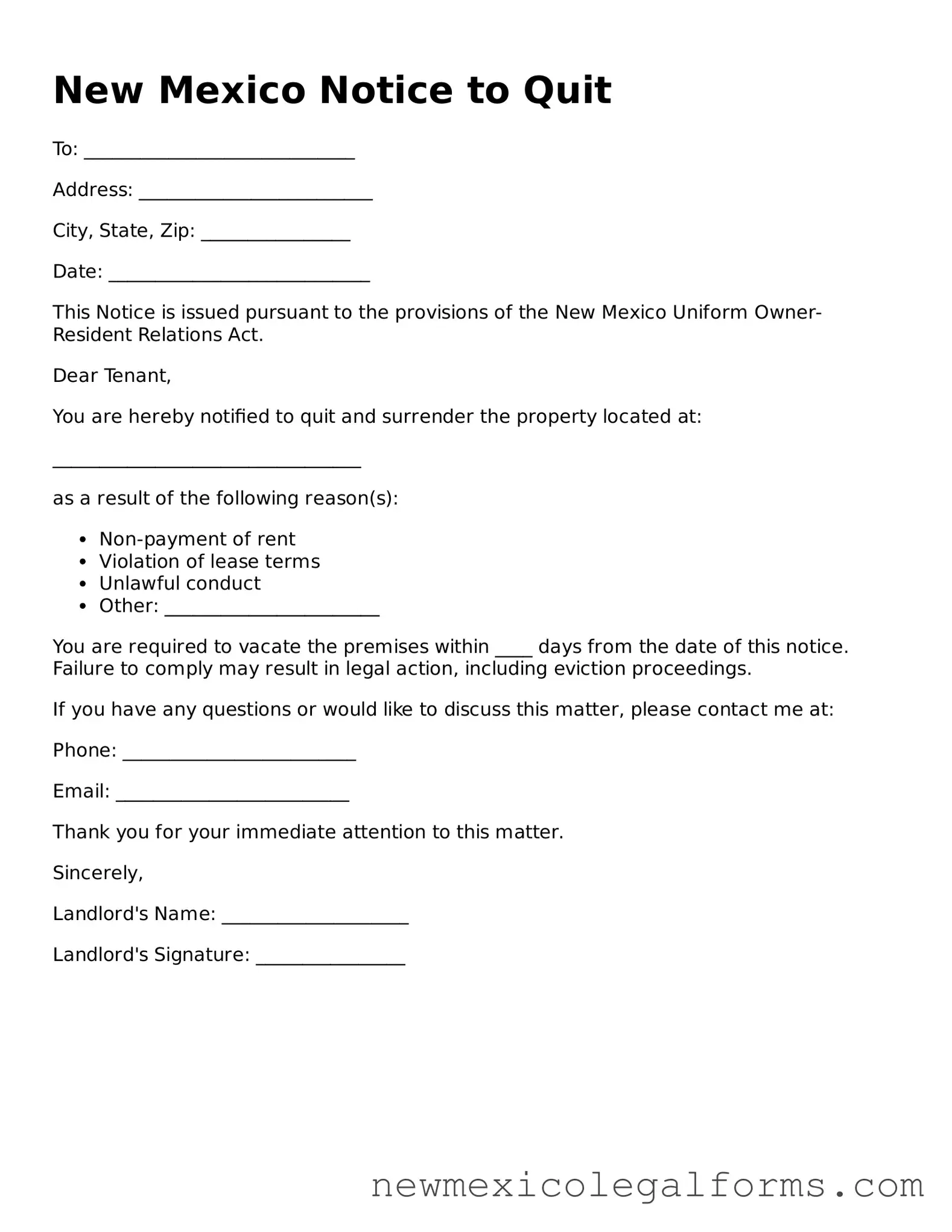 Free Notice to Quit Form for the State of New Mexico