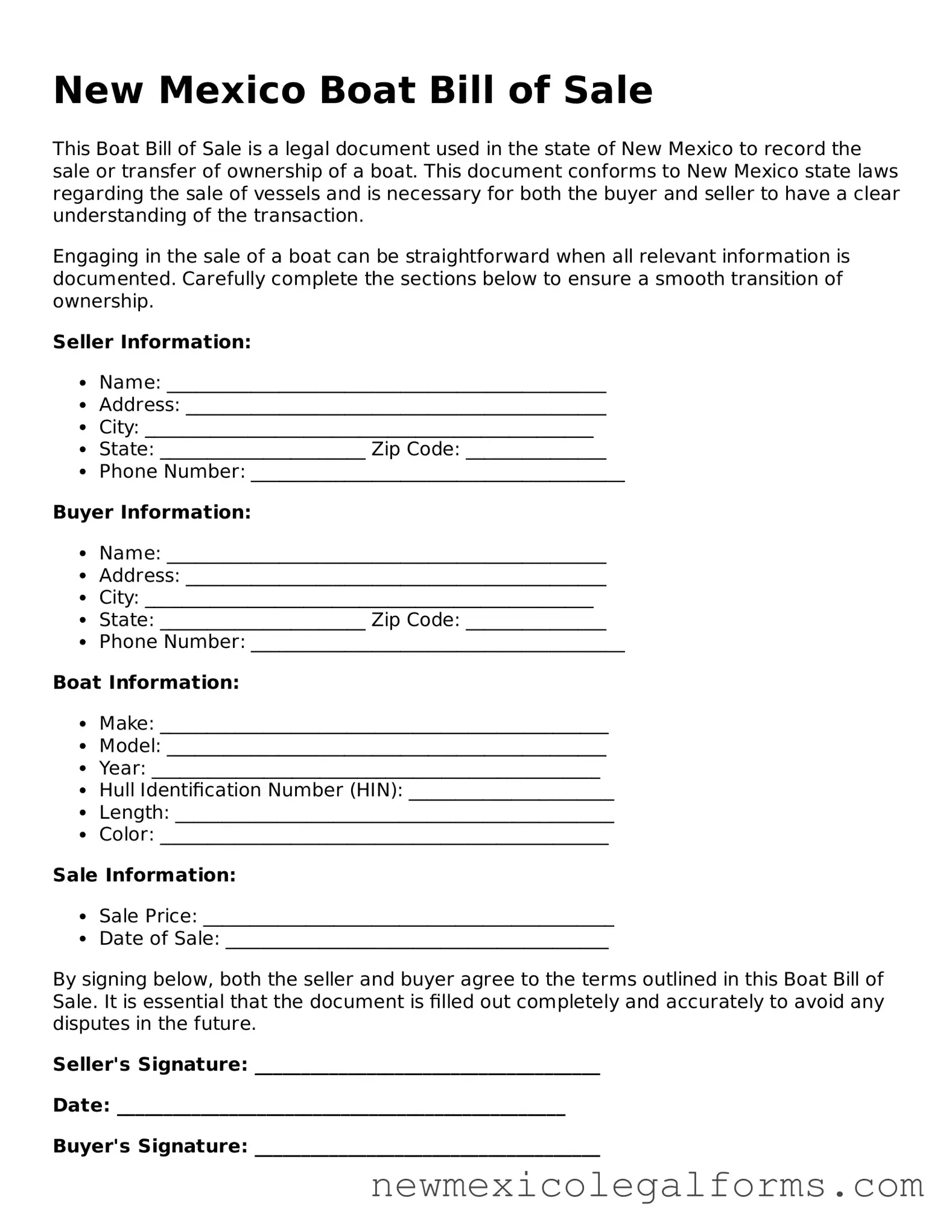 Free Boat Bill of Sale Form for the State of New Mexico