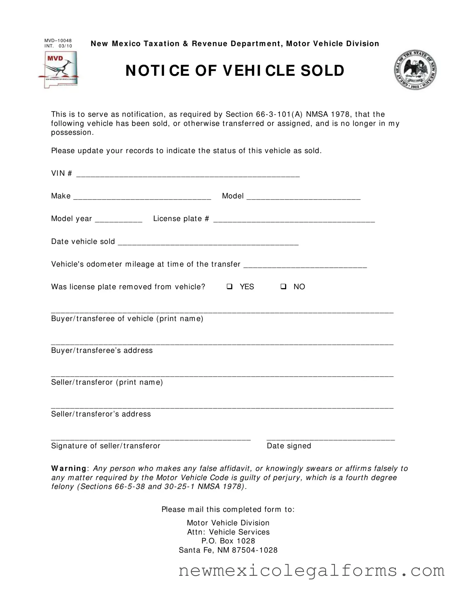 Fill a Valid Nm Mvd 10048 Form