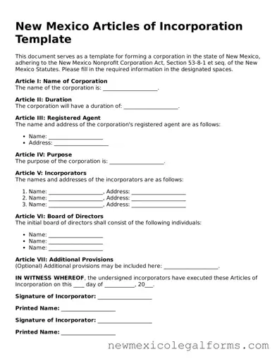 Free Articles of Incorporation Form for the State of New Mexico