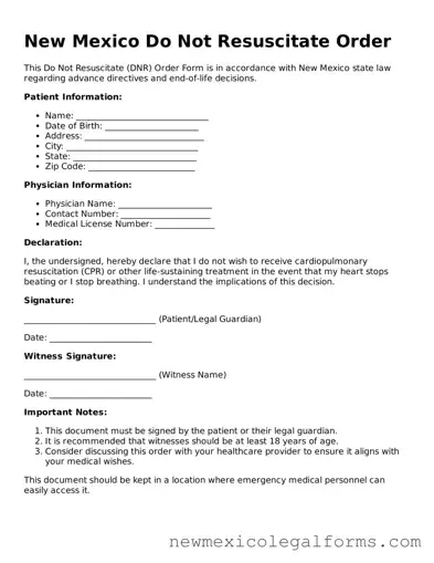 Free Do Not Resuscitate Order Form for the State of New Mexico
