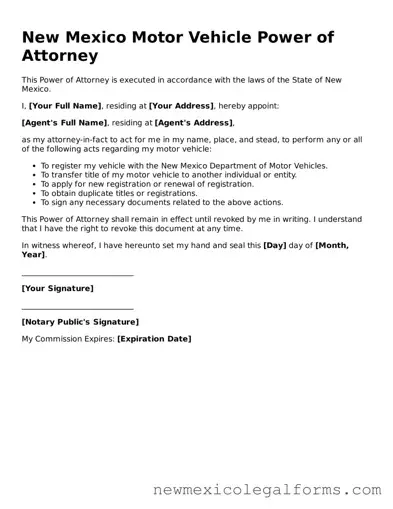 Free Motor Vehicle Power of Attorney Form for the State of New Mexico